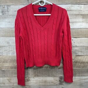 Ralph Lauren Vintage Womens Red Cable Knit V-Neck Cropped Cotton Sweater Size M